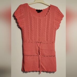 Medium Simon Chang Coral Braided Cable Loose Knit Short Sleeve Top Scalloped Hem